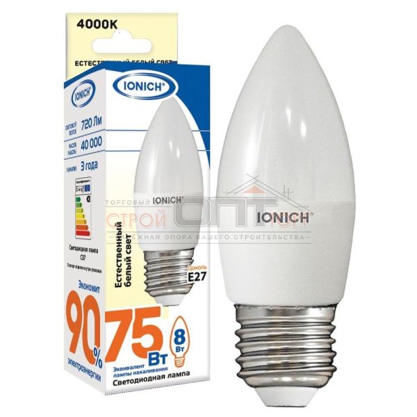 Лампа светодиодная  8Вт свеча 4000К  естеств. белый свет LED E27 С37 230В IONICH 1538 (10/100 шт)
